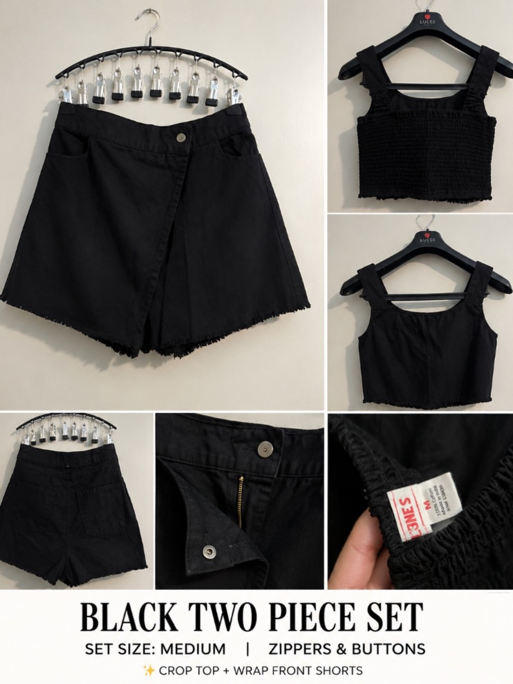 Black Two-Piece Crop Top & Wrap Shorts Set | Size Medium